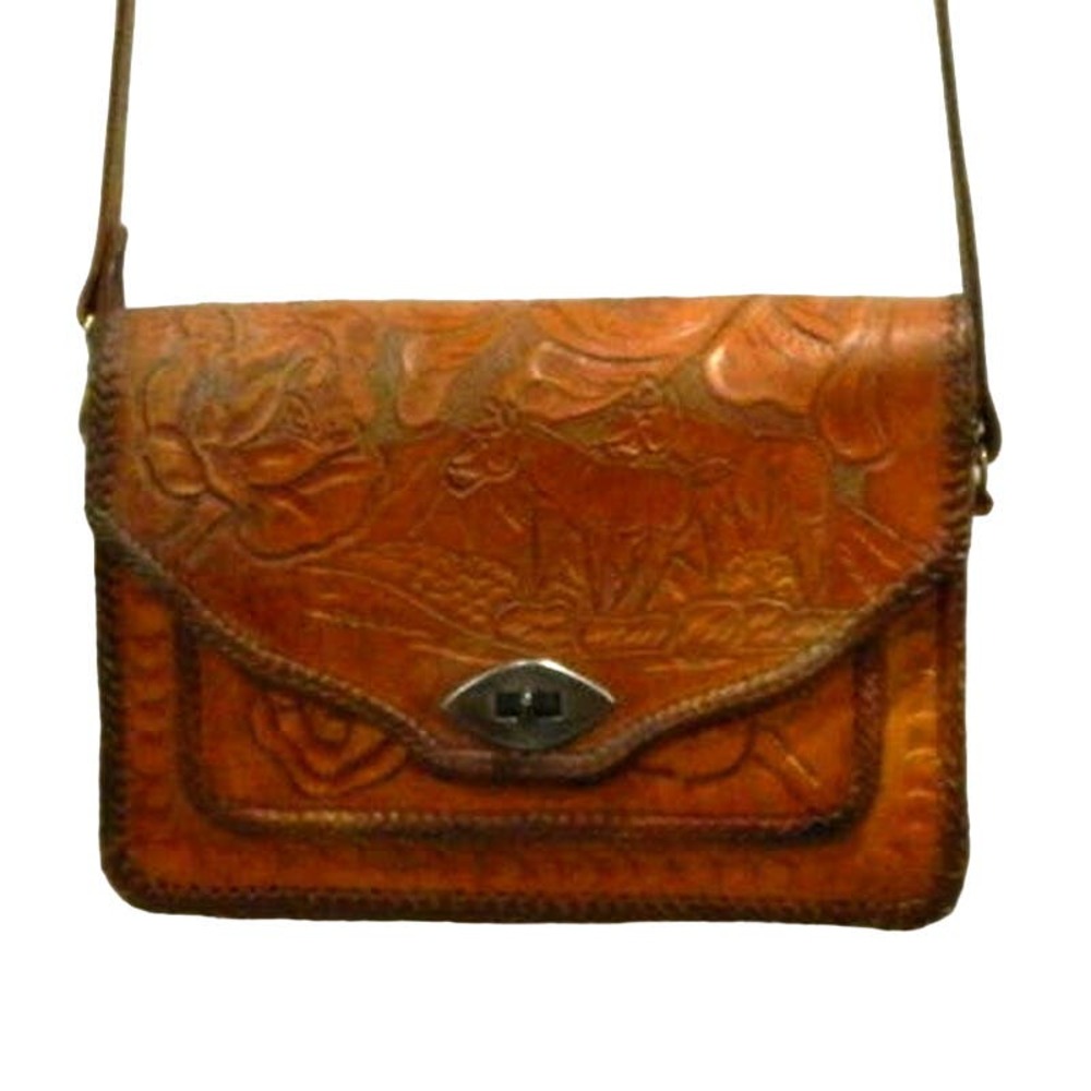 Vintage Tooled Leather Horse Purse Handbag Horse Flower Pattern 70's Clean